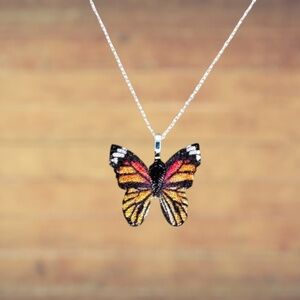 New Indio Jewelry Red, Gold, Silver Metal Screen Print Butterfly Necklace #7050